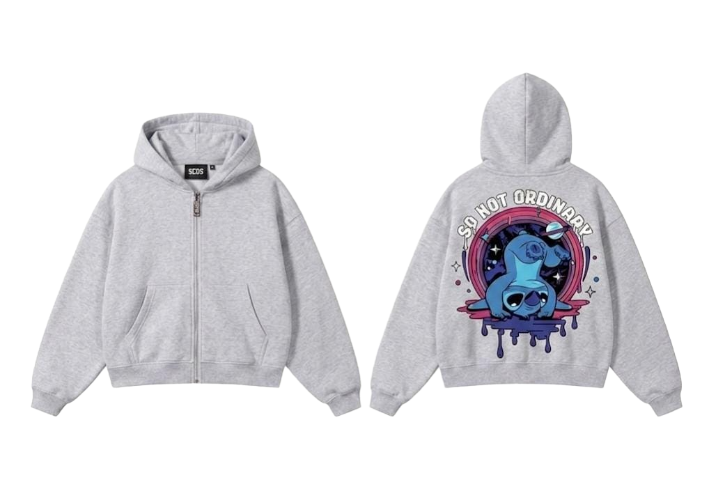 So Not Ordinary Stitch Graphic Zip-Up Hoodie - Charcoal Grey