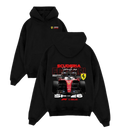 White racing graphic pullover hoodie shown from the front and back