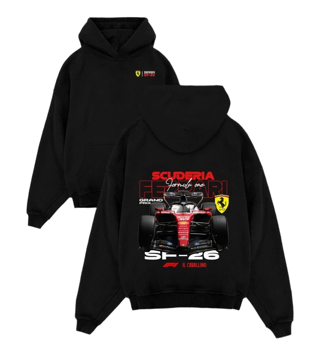 Gray Ferrari SP-26 hoodie with front logo and back racing graphic