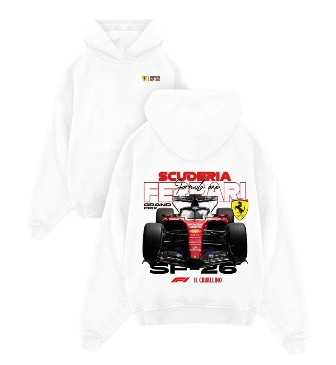 White Ferrari SP-26 hoodie with front logo and back racing graphic
