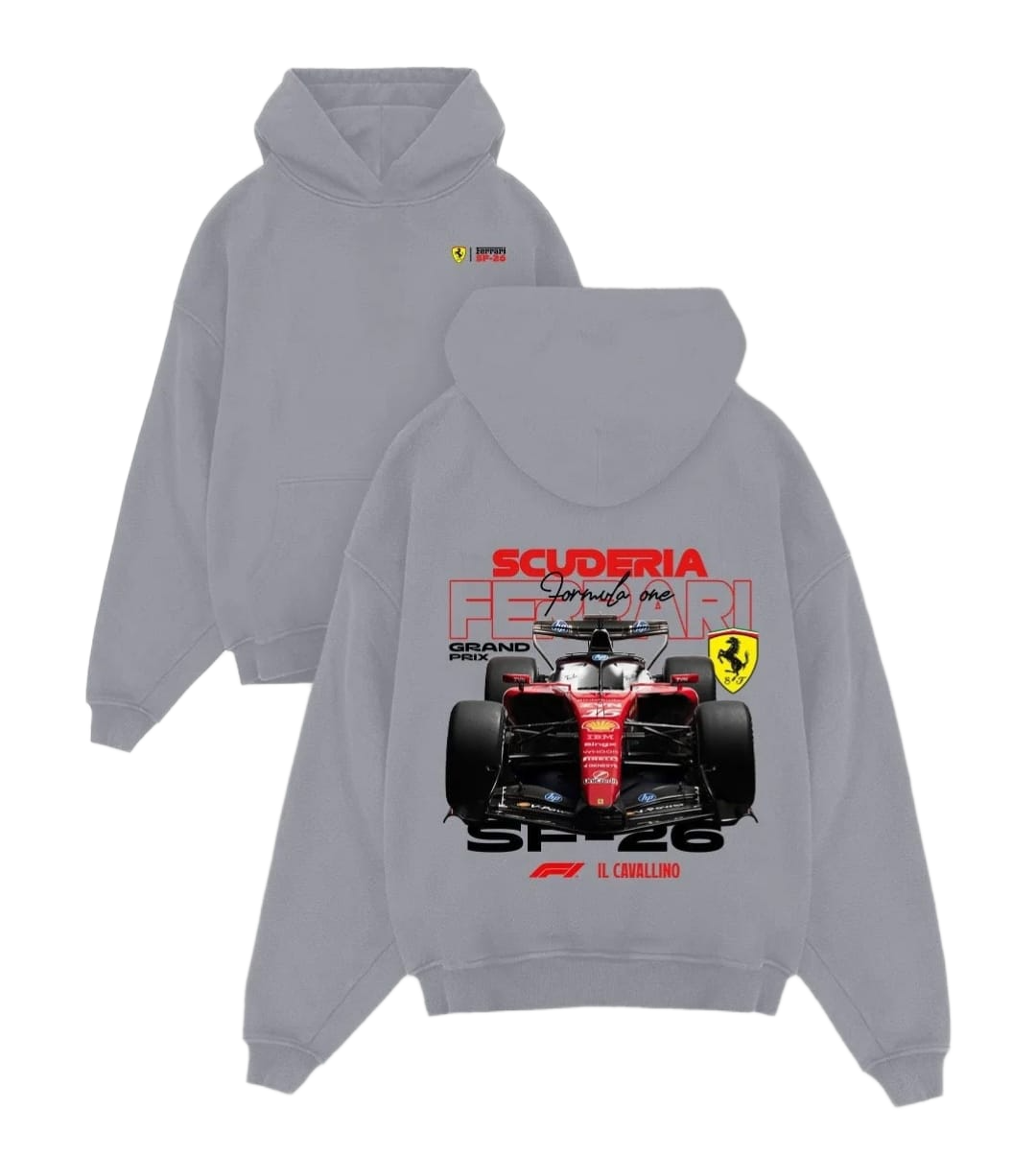 Black Ferrari SP-26 hoodie with front logo and back racing graphic