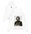 White Checo Cadillac Formula 1 hoodie with front logo and back racing graphic
