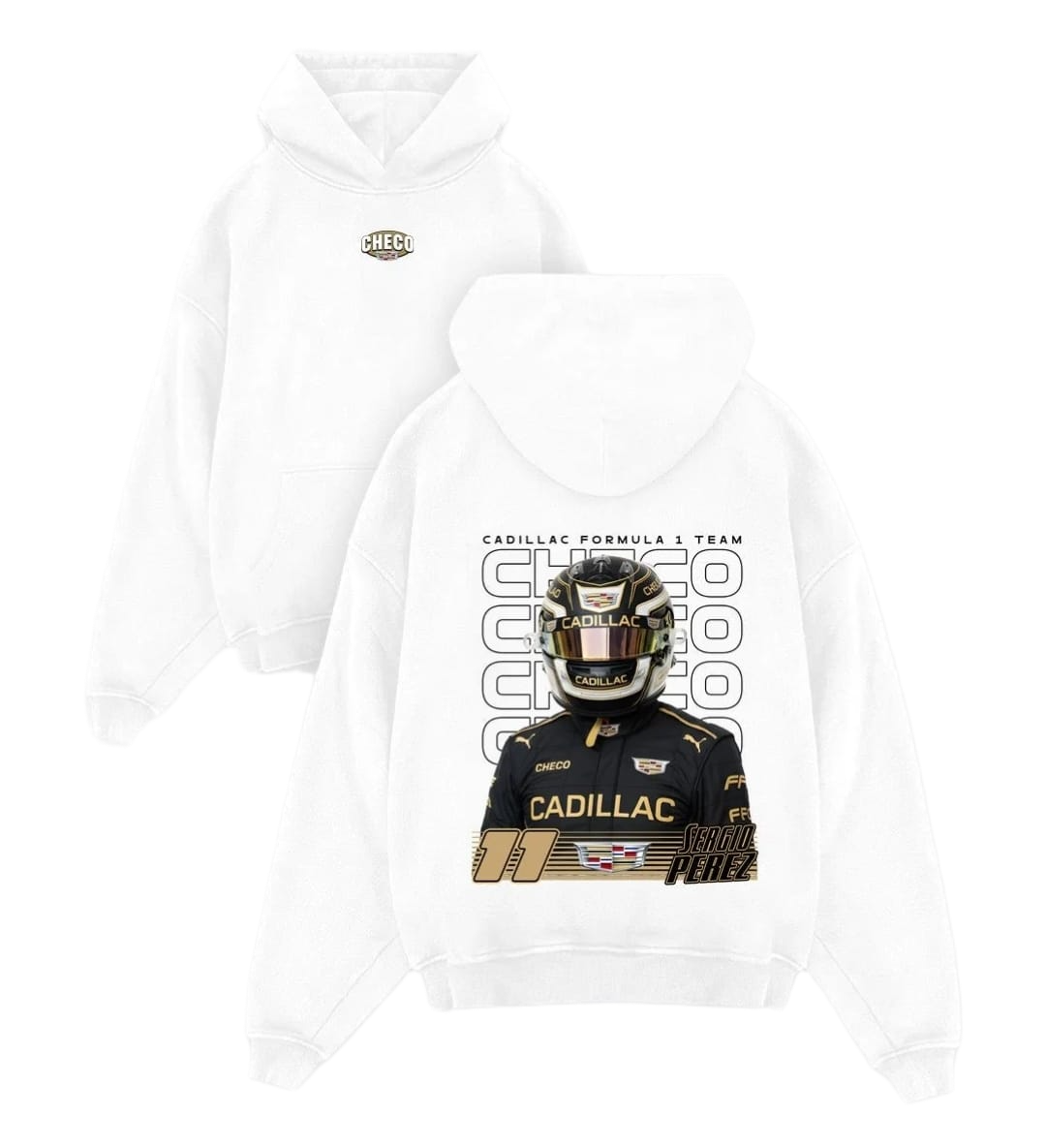 White Checo Cadillac Formula 1 hoodie with front logo and back racing graphic