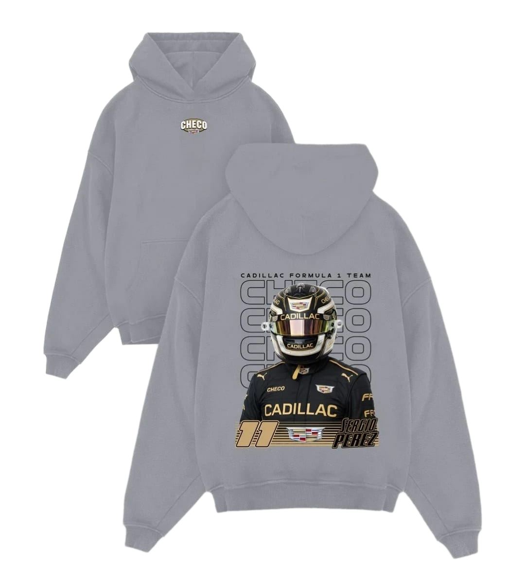 Black Checo Cadillac Formula 1 hoodie with front logo and back racing graphic