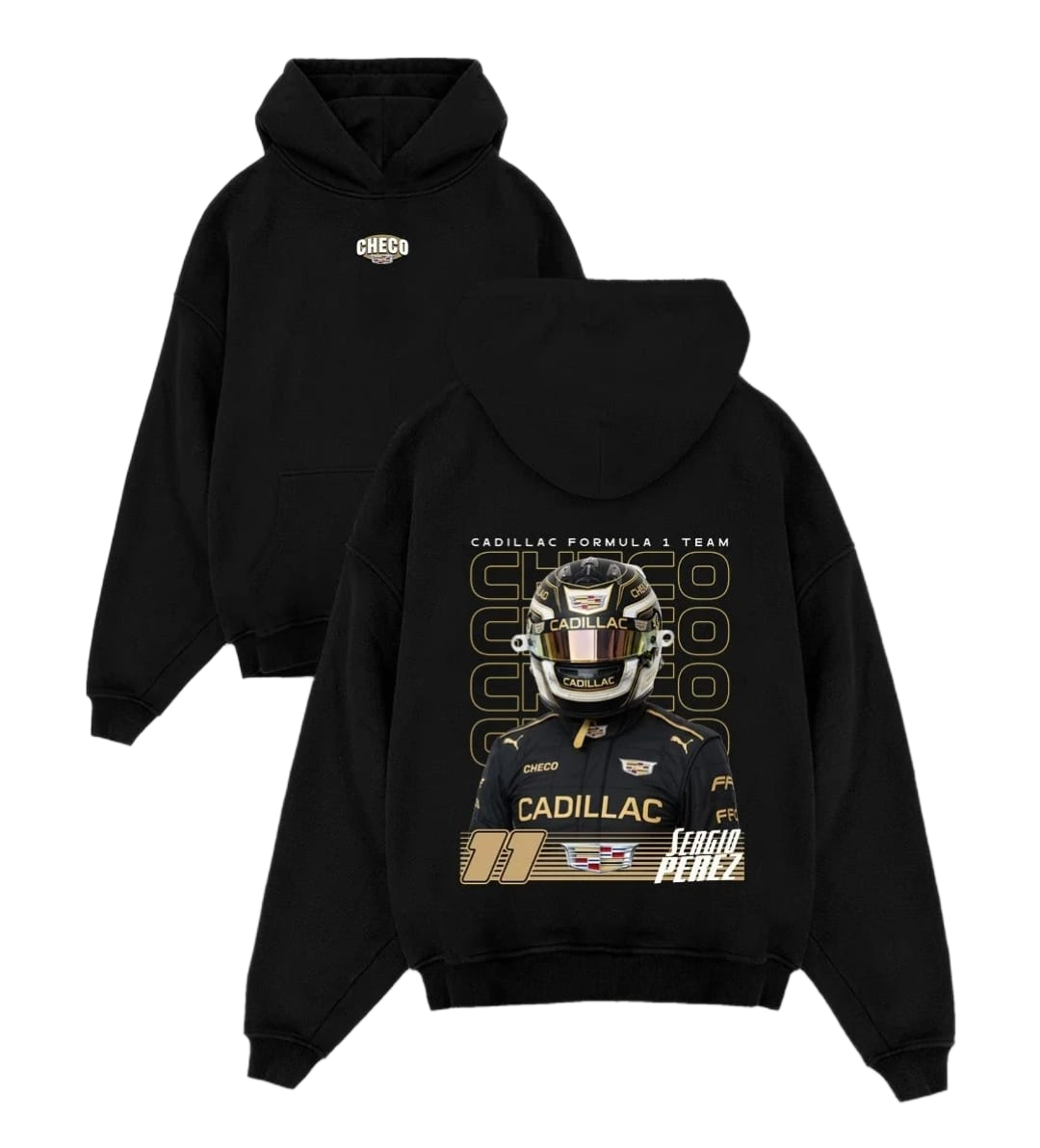 Gray Checo Cadillac Formula 1 hoodie with front logo and back racing graphic