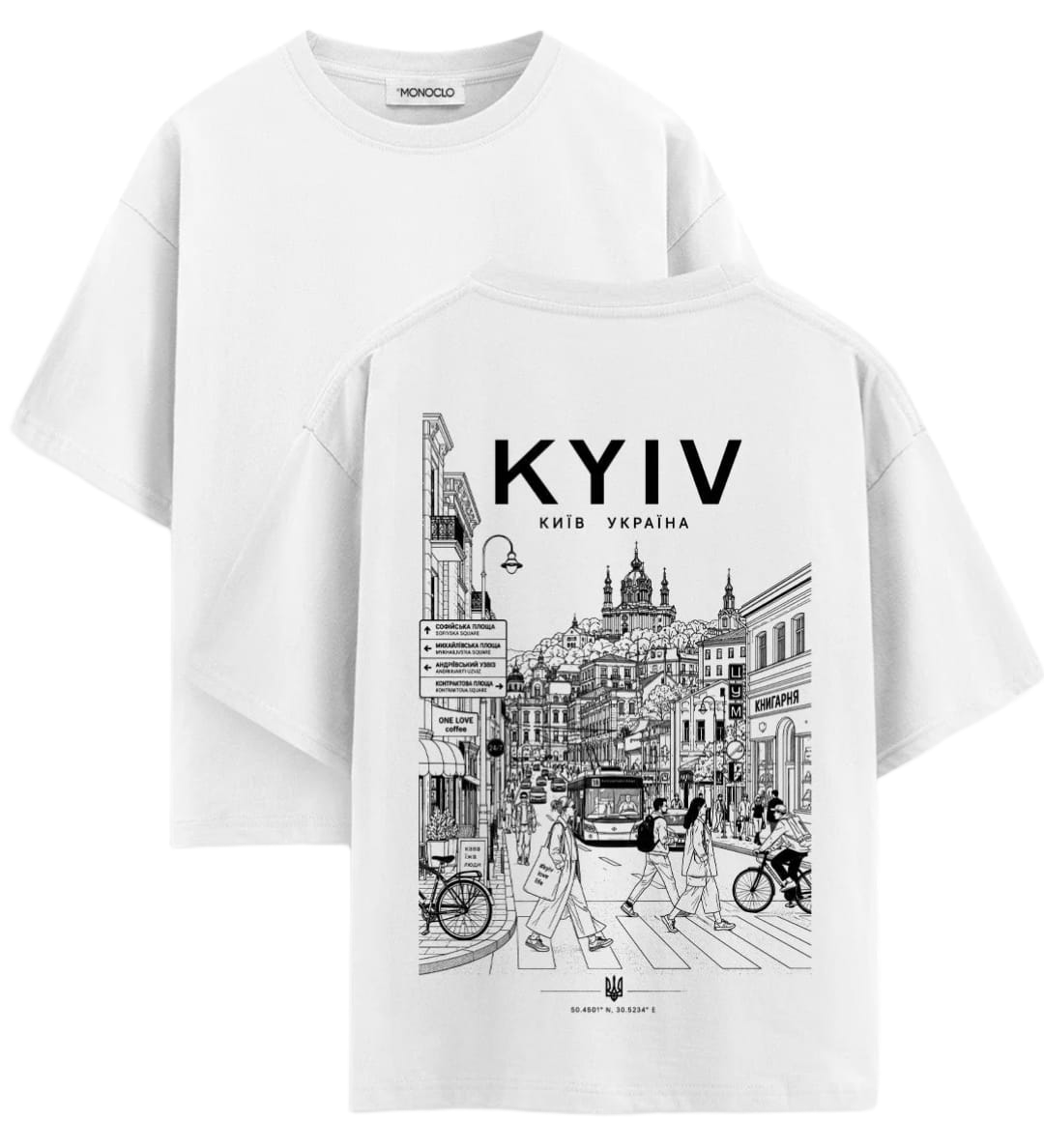 White Kyiv Ukraine graphic T-shirt with illustrated city scene