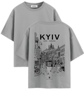 Gray Kyiv Ukraine graphic T-shirt with illustrated city scene