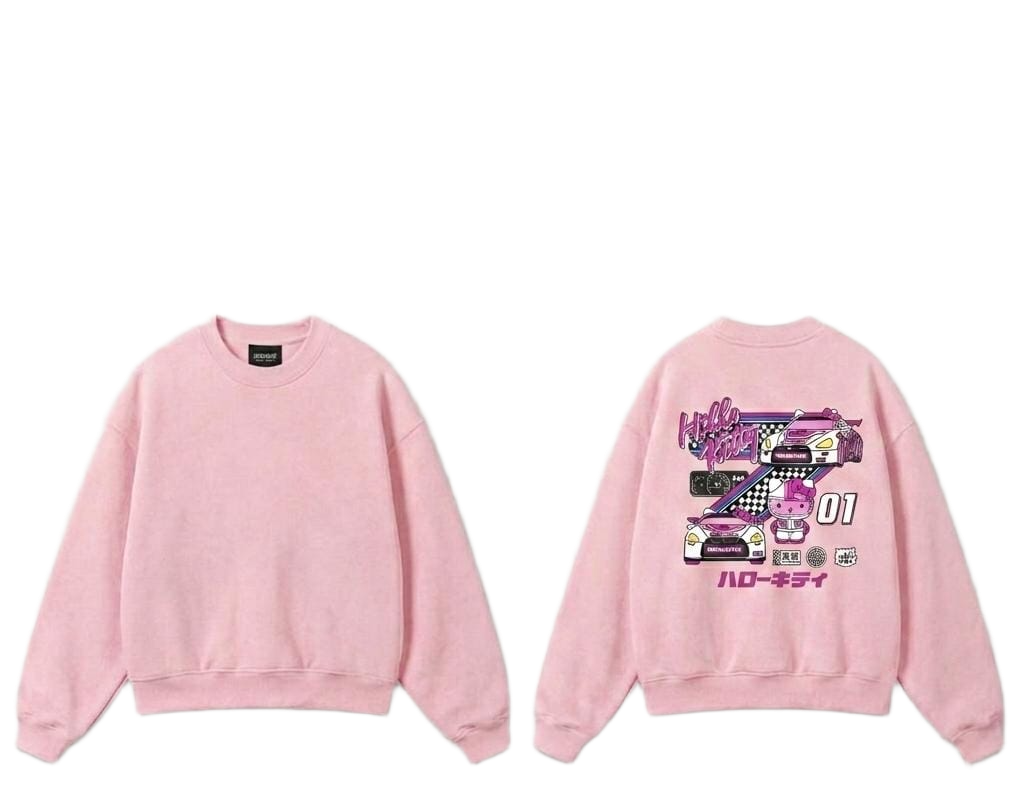 Pink racing cat graphic crewneck sweatshirt