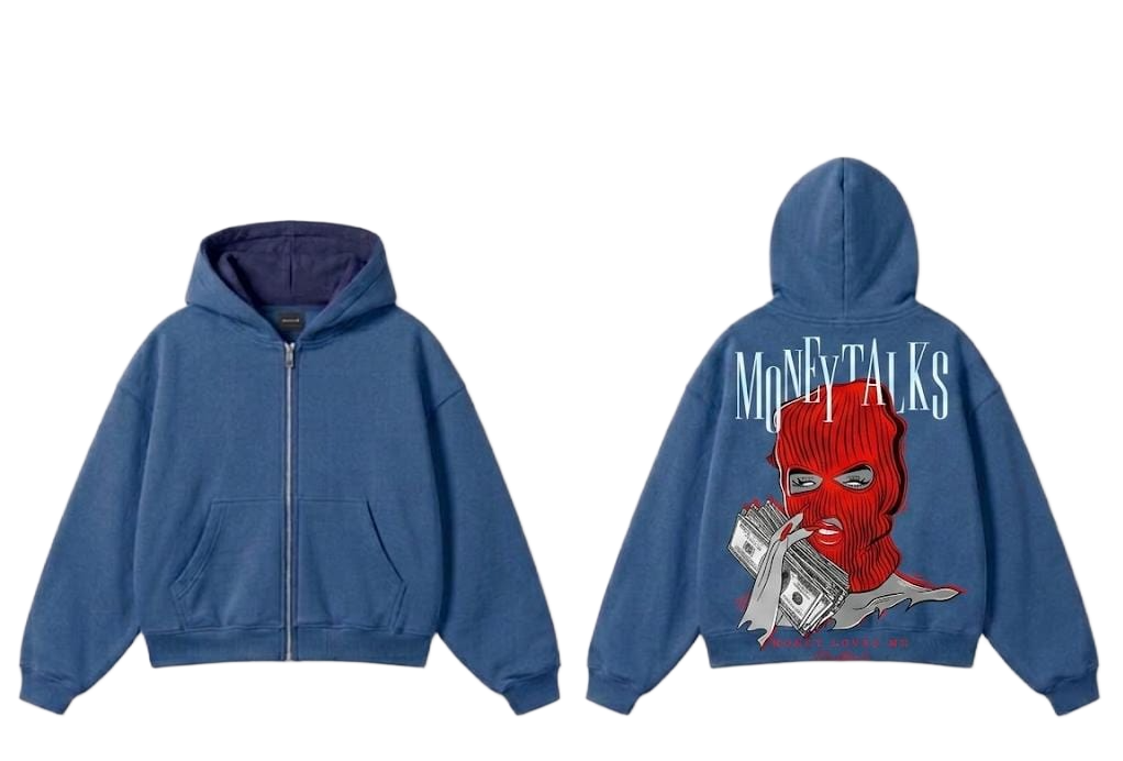 White Money Talks red mask graphic zip hoodie