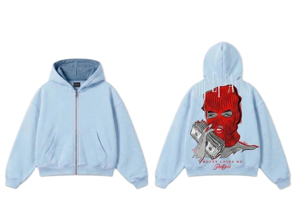 Beige Money Talks red mask graphic zip hoodie
