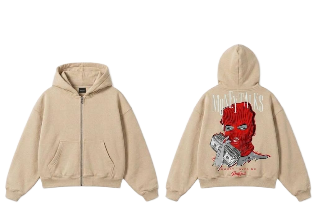 Light blue Money Talks red mask graphic zip hoodie