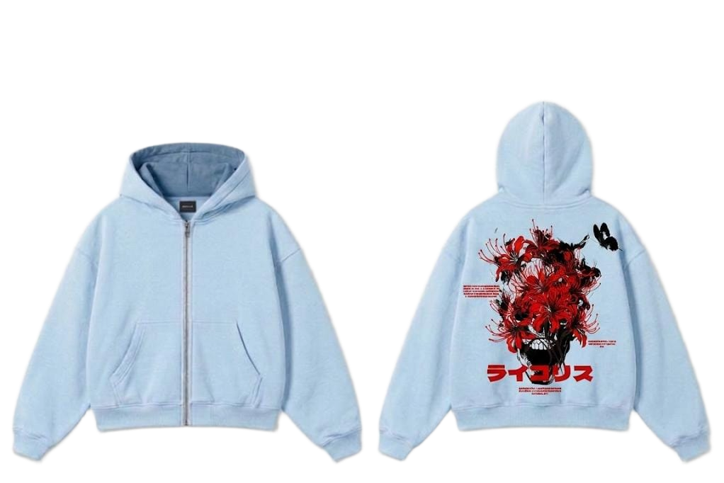Red red flower skull graphic zip hoodie