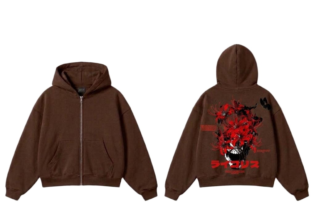 Light blue red flower skull graphic zip hoodie