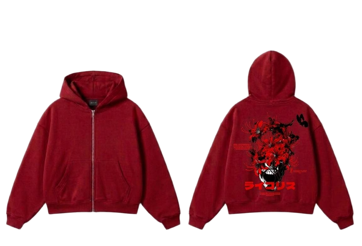 White red flower skull graphic zip hoodie