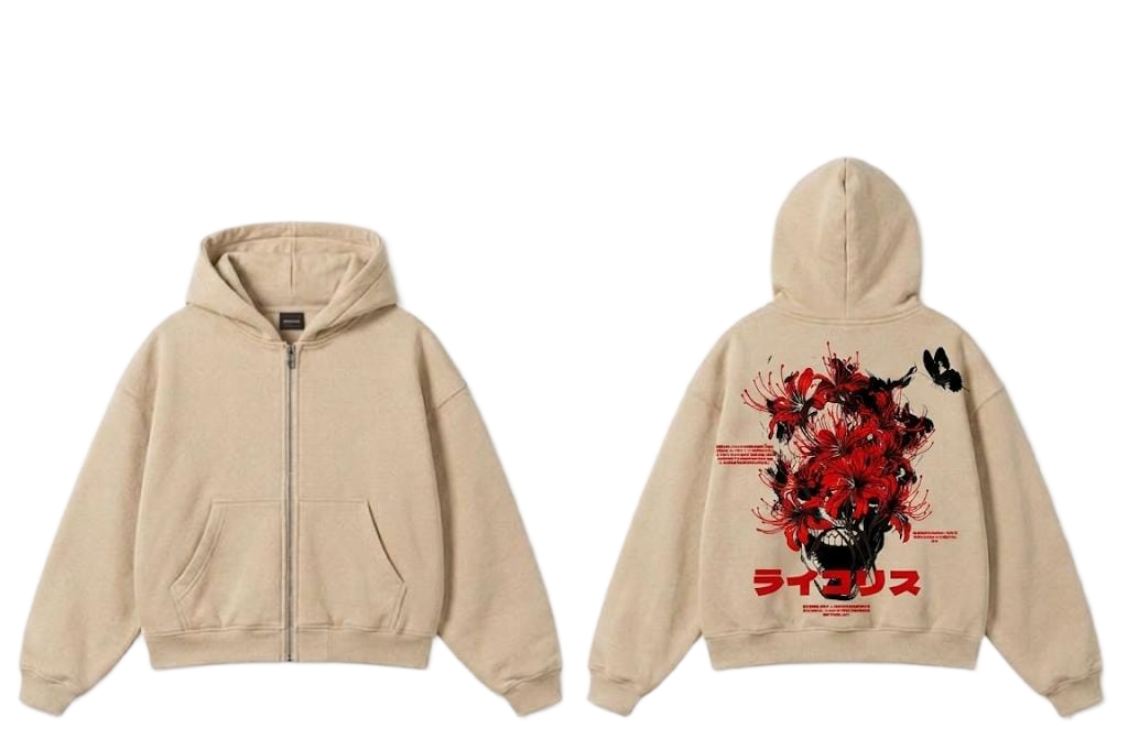 Brown red flower skull graphic zip hoodie