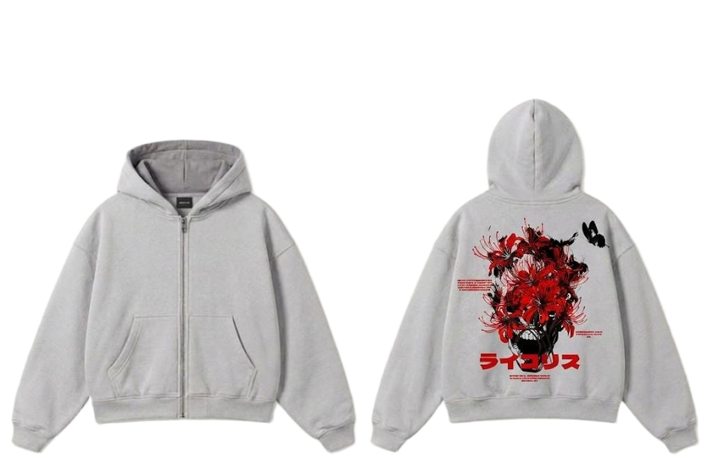 Navy red flower skull graphic zip hoodie