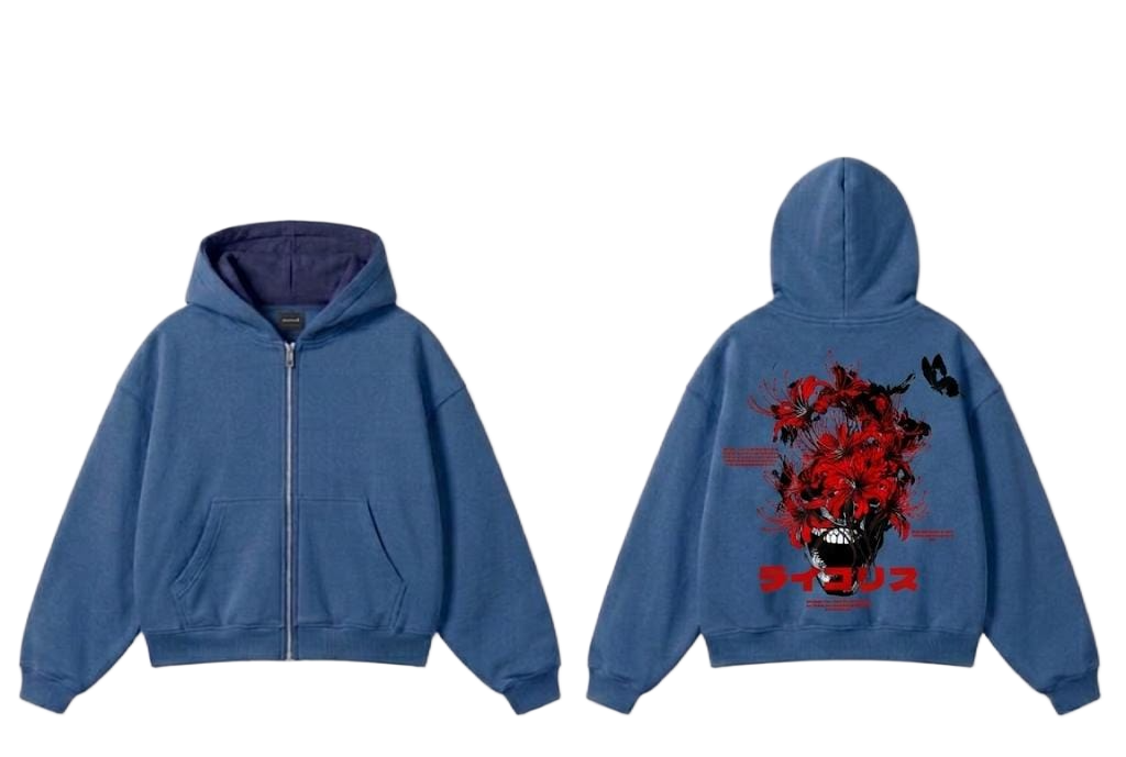 Black red flower skull graphic zip hoodie