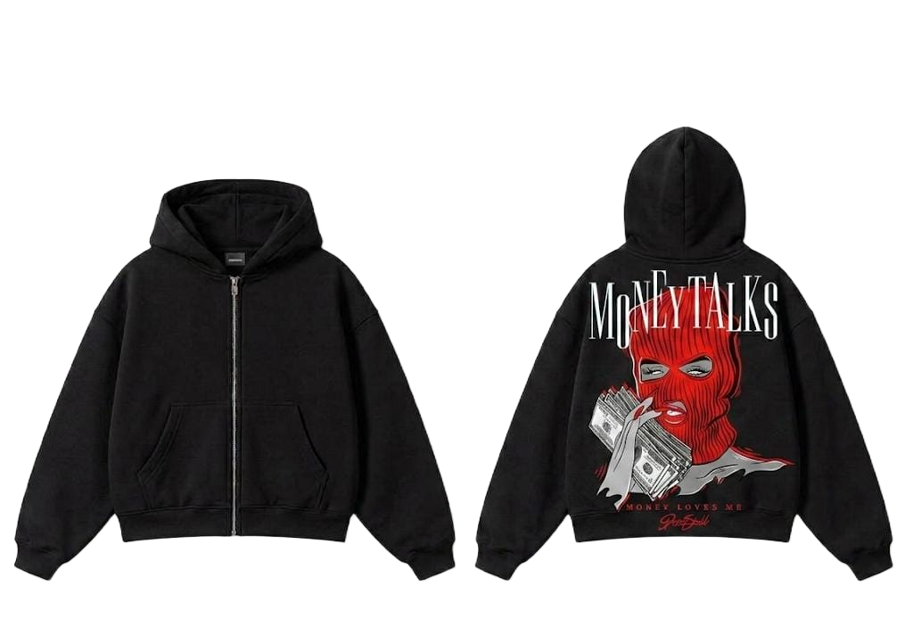 Navy Money Talks red mask graphic zip hoodie