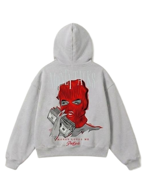 Black Money Talks red mask graphic zip hoodie