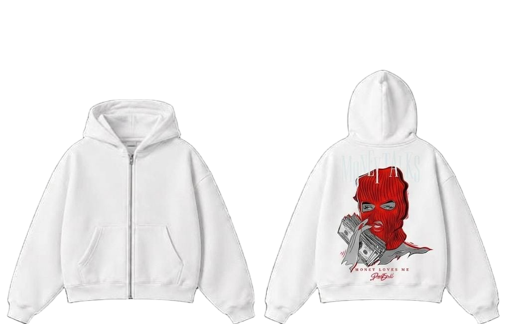 Blue Money Talks red mask graphic zip hoodie