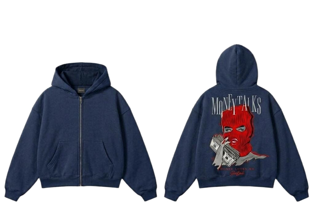 Gray Money Talks red mask graphic zip hoodie