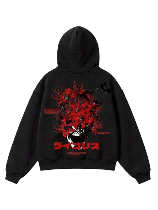 Gray red flower skull graphic zip hoodie