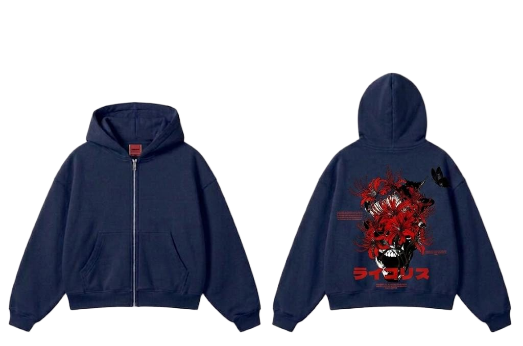 Beige red flower skull graphic zip hoodie