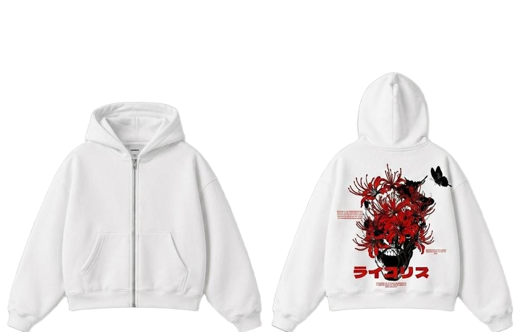 Blue red flower skull graphic zip hoodie