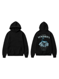 Black pullover hoodie shown front and back with a scorpion graphic on the back