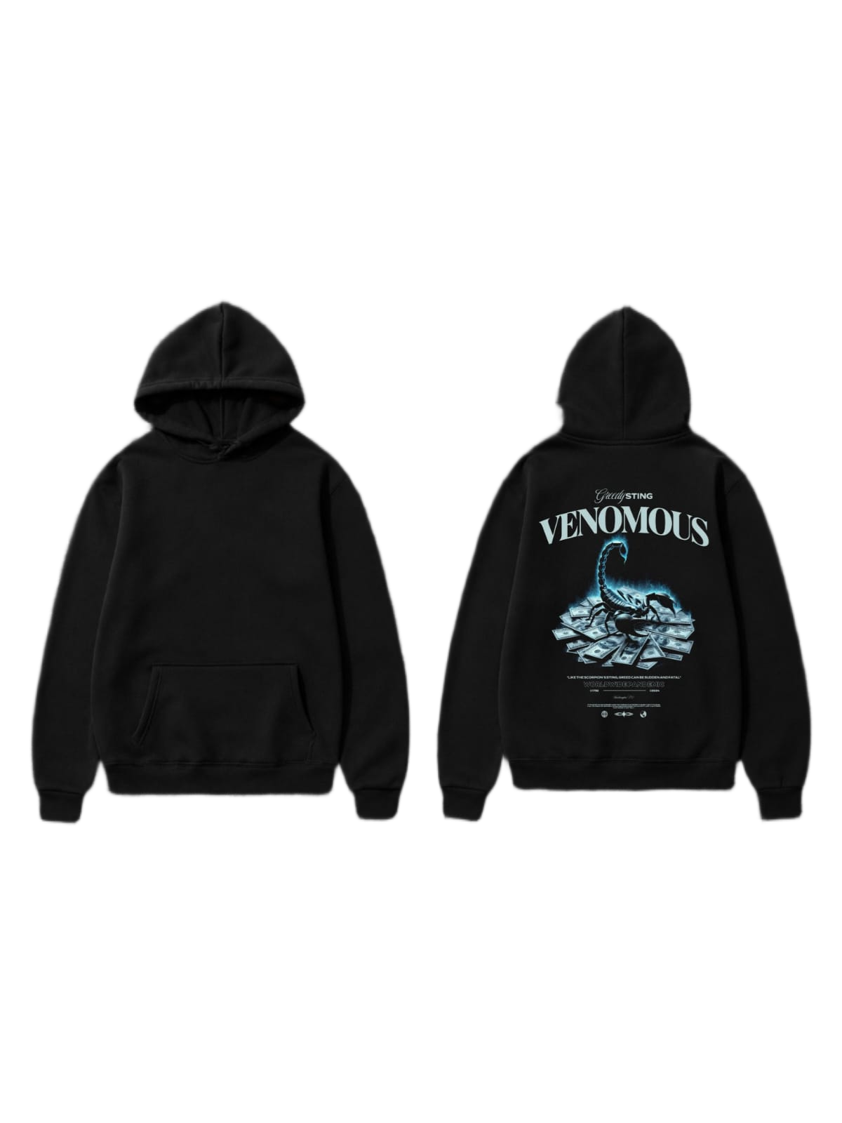 Black pullover hoodie shown front and back with a scorpion graphic on the back