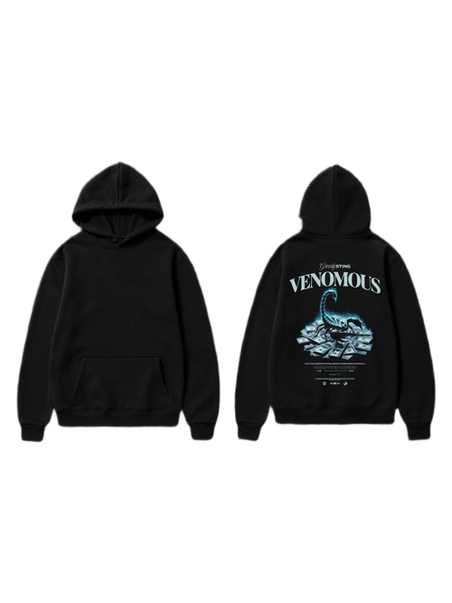 Black pullover hoodie shown front and back with a scorpion graphic on the back