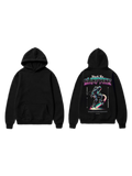 Black pullover hoodie shown front and back with a neon astronaut skateboarding graphic on the back