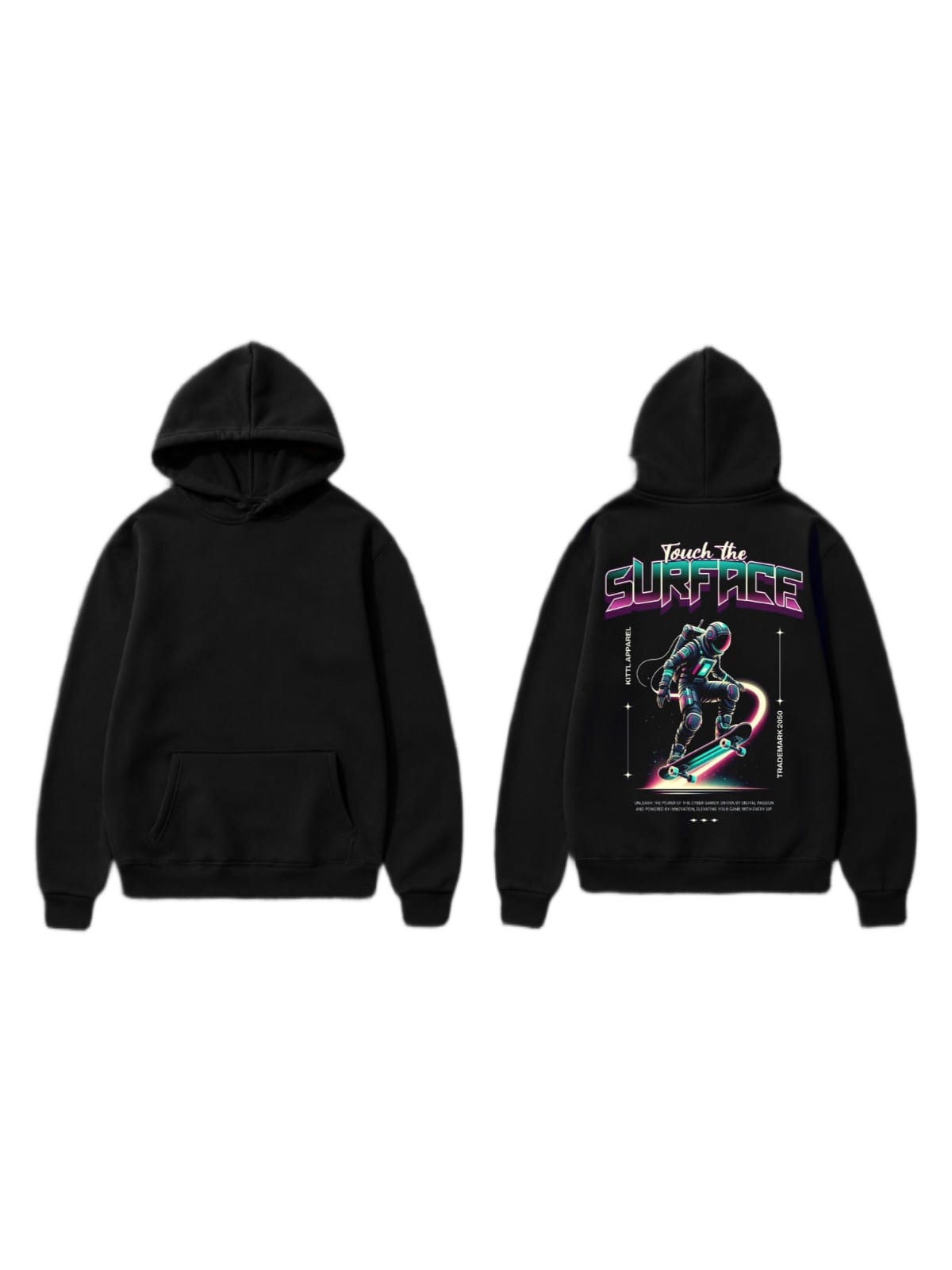 Black pullover hoodie shown front and back with a neon astronaut skateboarding graphic on the back