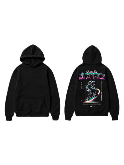 Black pullover hoodie shown front and back with a neon astronaut skateboarding graphic on the back
