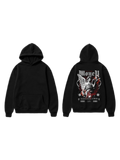 Black pullover hoodie shown front and back with a winged angel graphic and red accents on the back