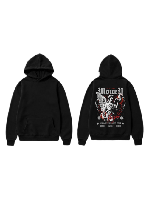 Black pullover hoodie shown front and back with a winged angel graphic and red accents on the back