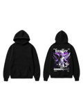 Black pullover hoodie shown front and back with a winged cherub graphic and purple accents on the back