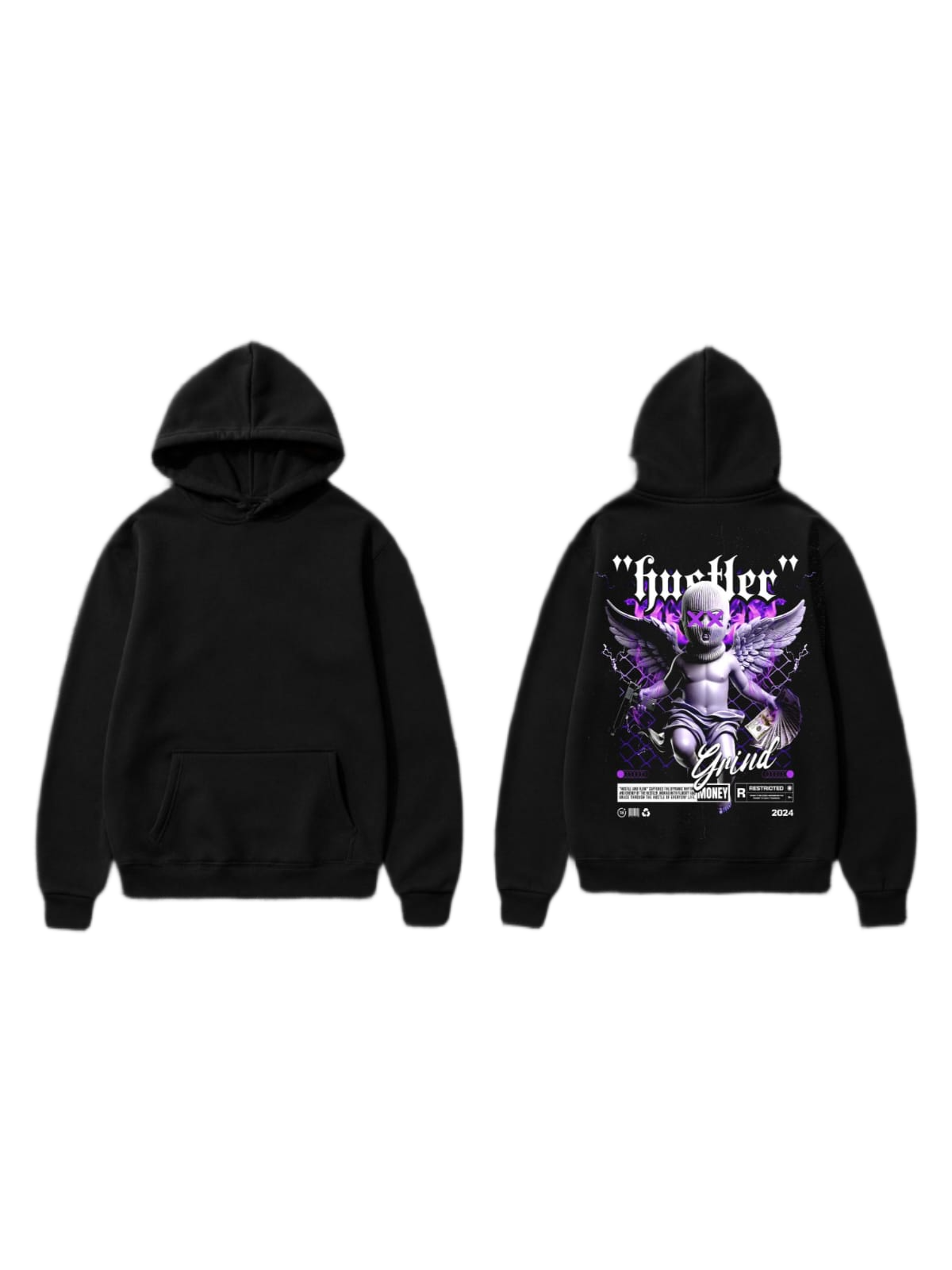 Black pullover hoodie shown front and back with a winged cherub graphic and purple accents on the back