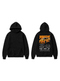Black pullover hoodie shown front and back with an orange sports car and racing graphic on the back