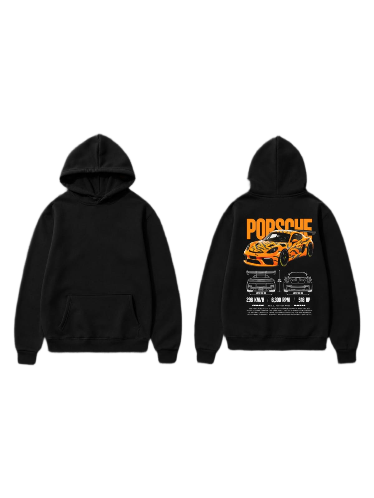 Black pullover hoodie shown front and back with an orange sports car and racing graphic on the back