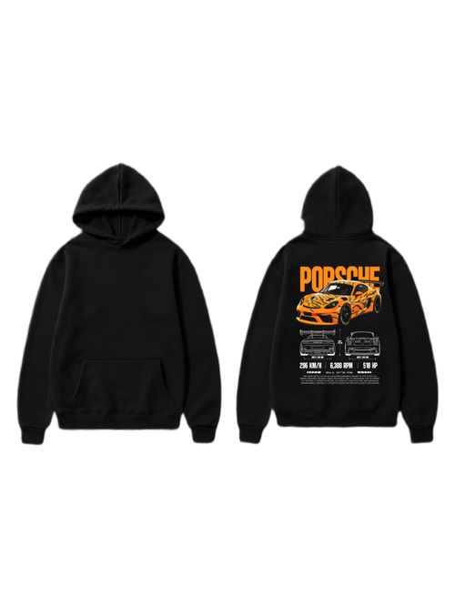 Black pullover hoodie shown front and back with an orange sports car and racing graphic on the back