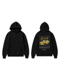 Black pullover hoodie shown front and back with a yellow sports car racing graphic and bold lettering on the back