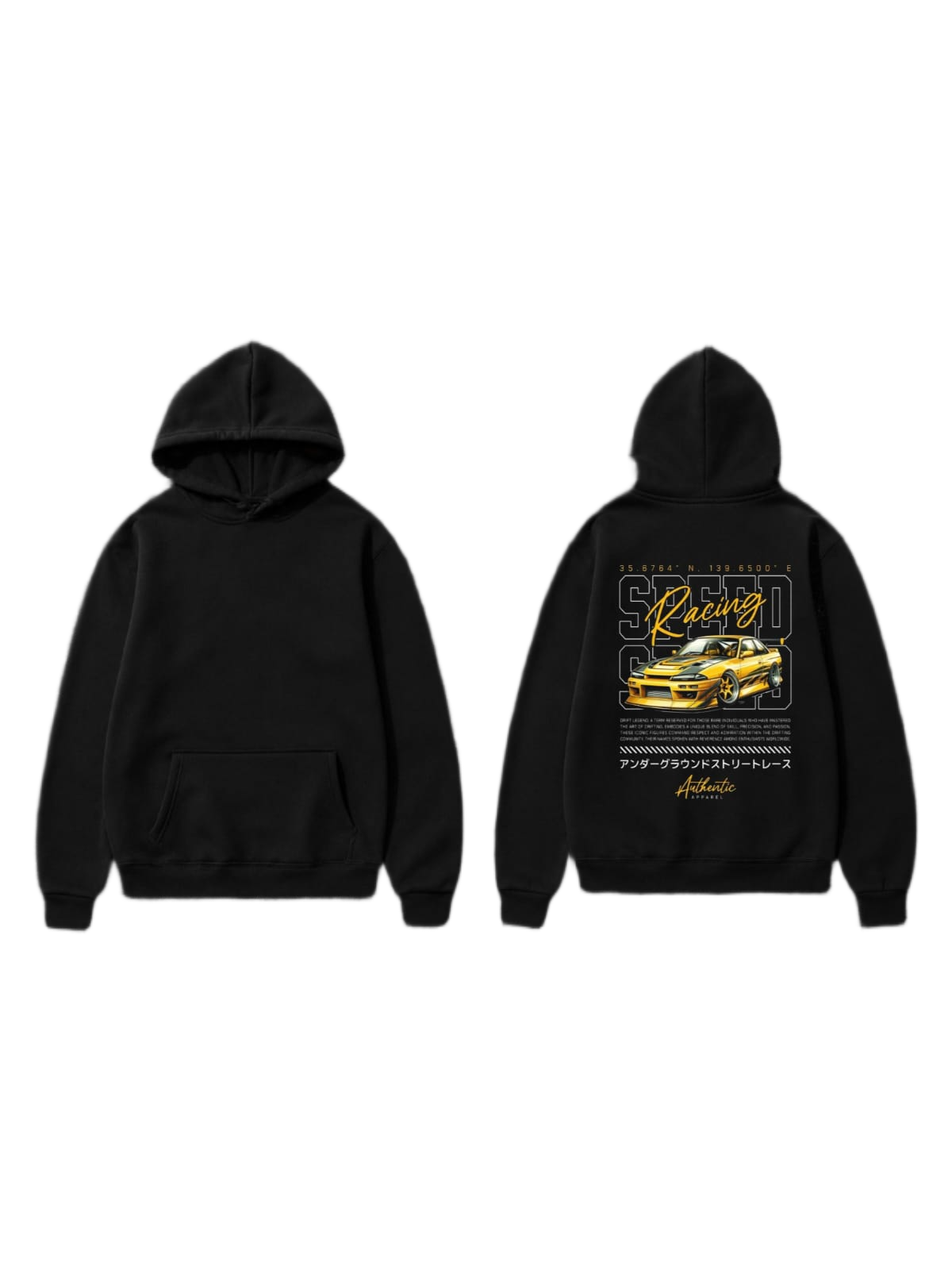 Black pullover hoodie shown front and back with a yellow sports car racing graphic and bold lettering on the back