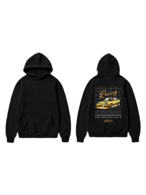 Black pullover hoodie shown front and back with a yellow sports car racing graphic and bold lettering on the back