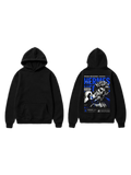 Black pullover hoodie shown front and back with a winged messenger illustration and bold blue lettering on the back
