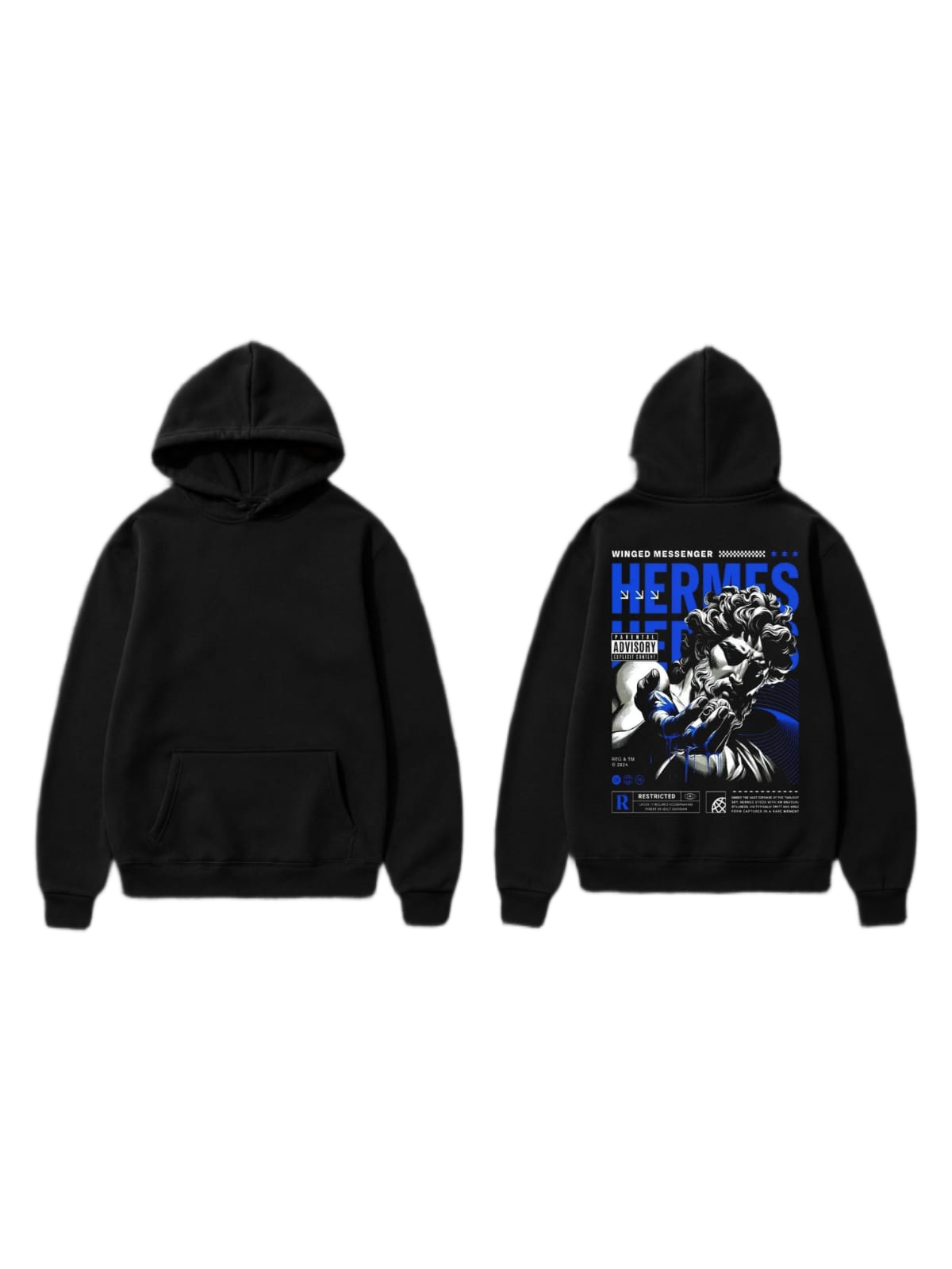 Black pullover hoodie shown front and back with a winged messenger illustration and bold blue lettering on the back