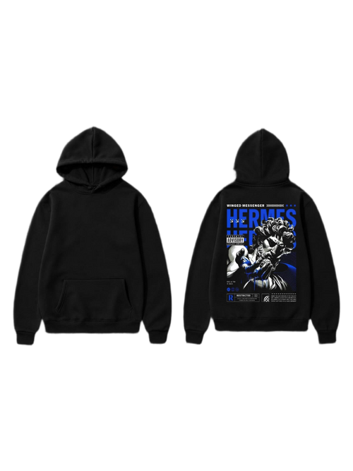 Black pullover hoodie shown front and back with a winged messenger illustration and bold blue lettering on the back