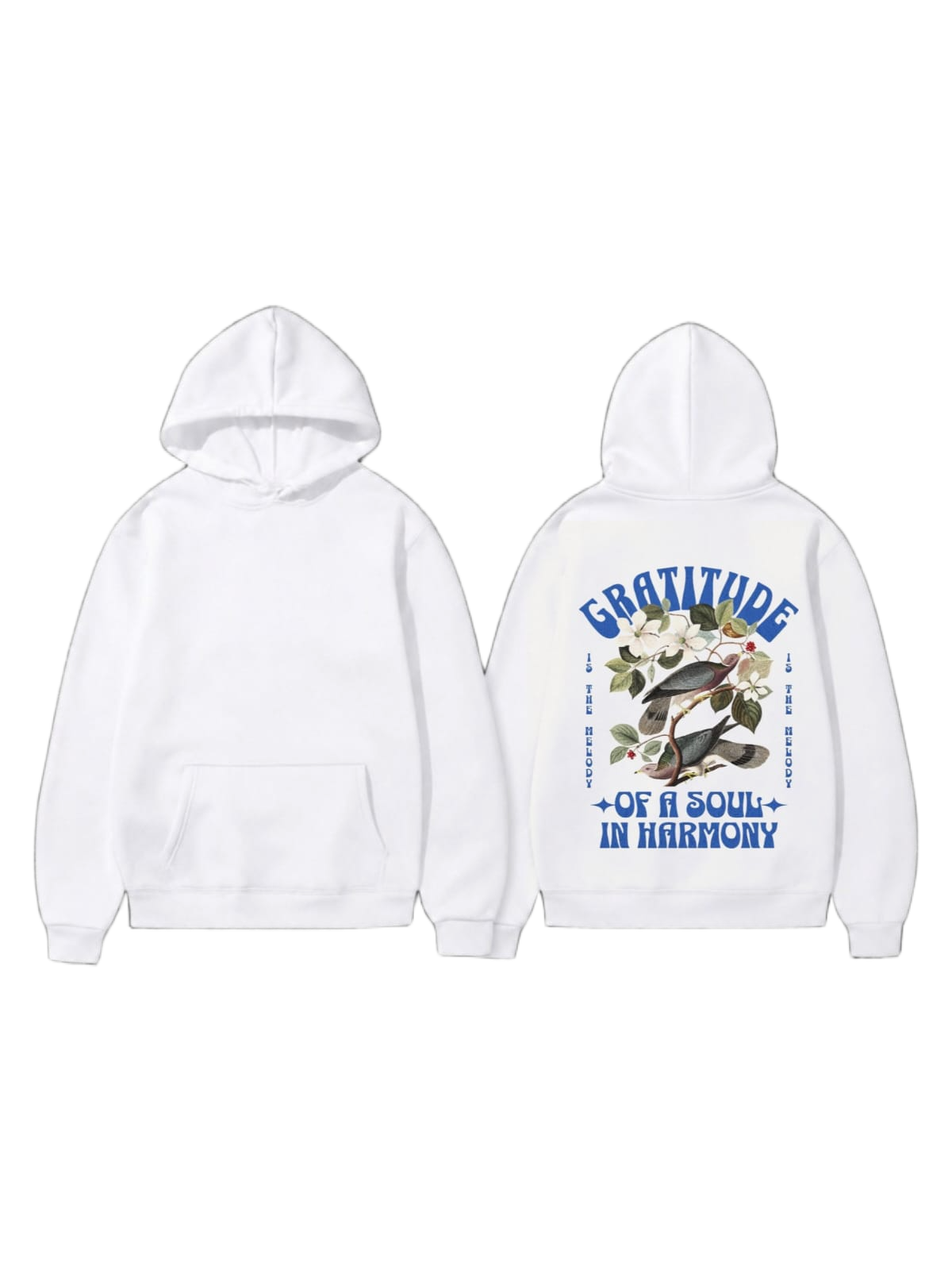 White pullover hoodie shown front and back with birds, botanical artwork, and blue gratitude lettering on the back