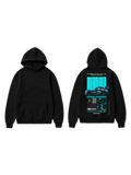 White pullover hoodie shown front and back with mint-green city landmark artwork and bold lettering on the back