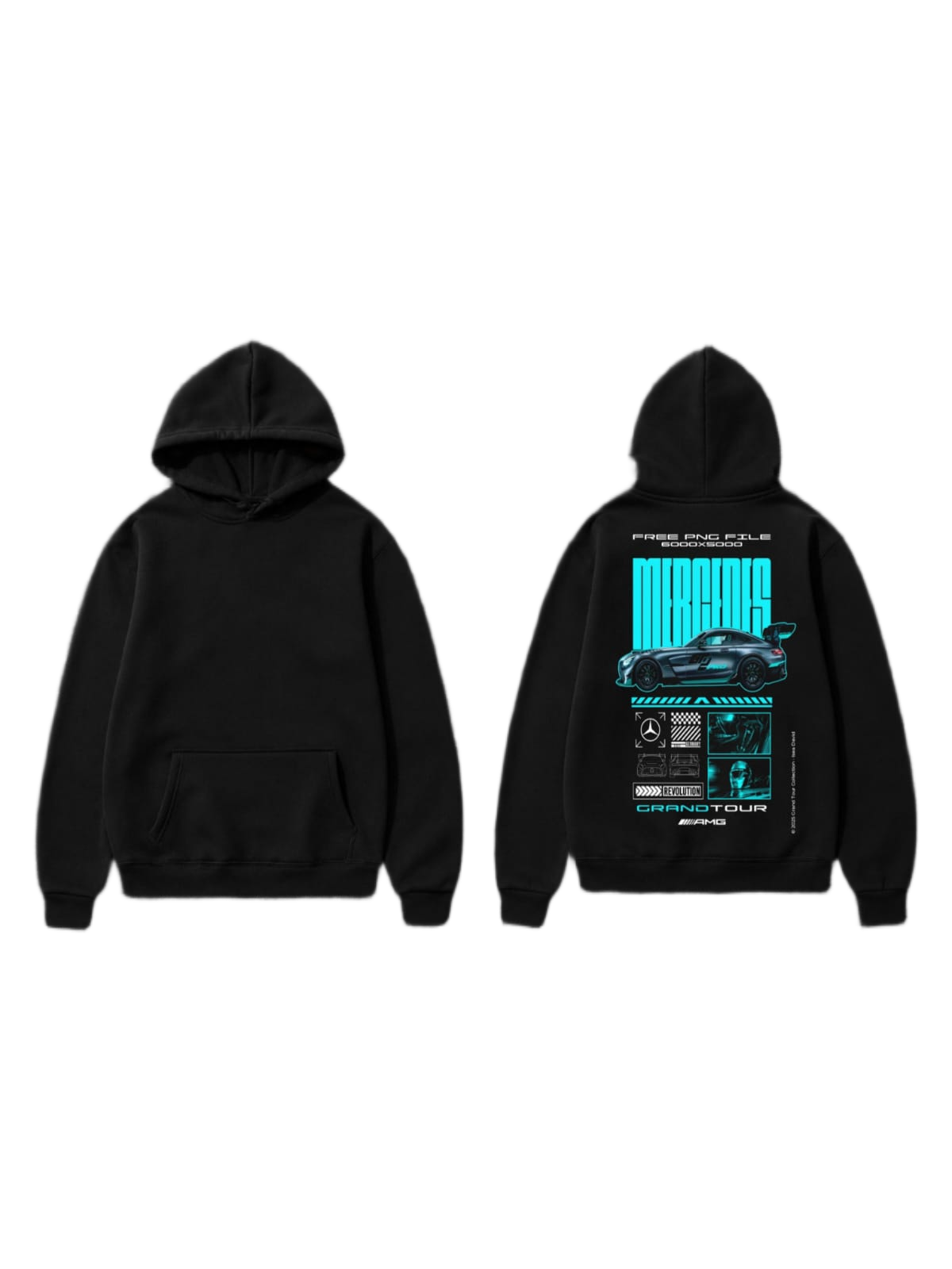 White pullover hoodie shown front and back with mint-green city landmark artwork and bold lettering on the back